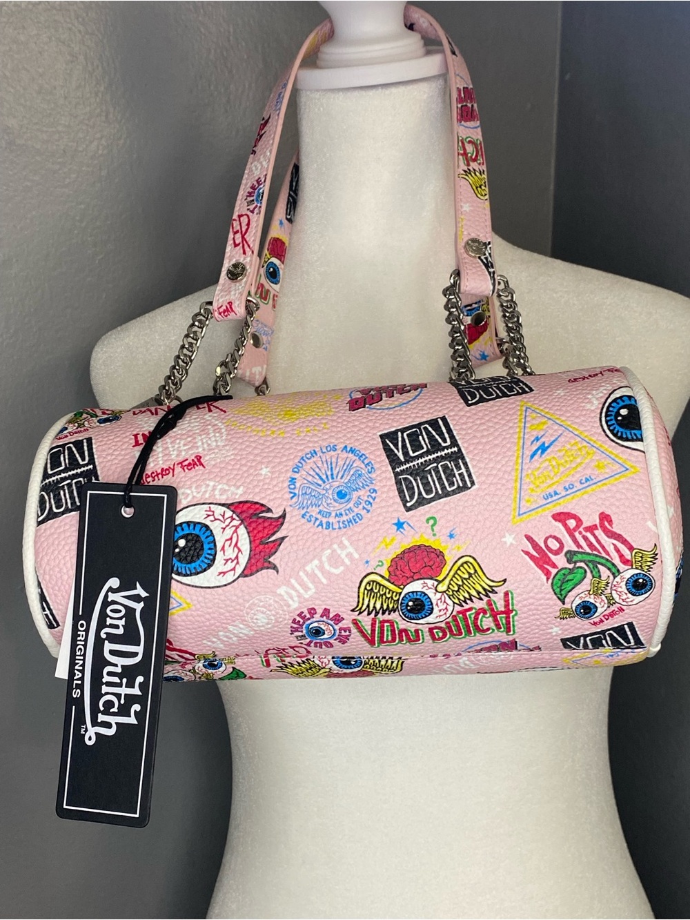 NWT- Von Dutch Pink Graphic Barrel Shoulder Bag with Chain Straps